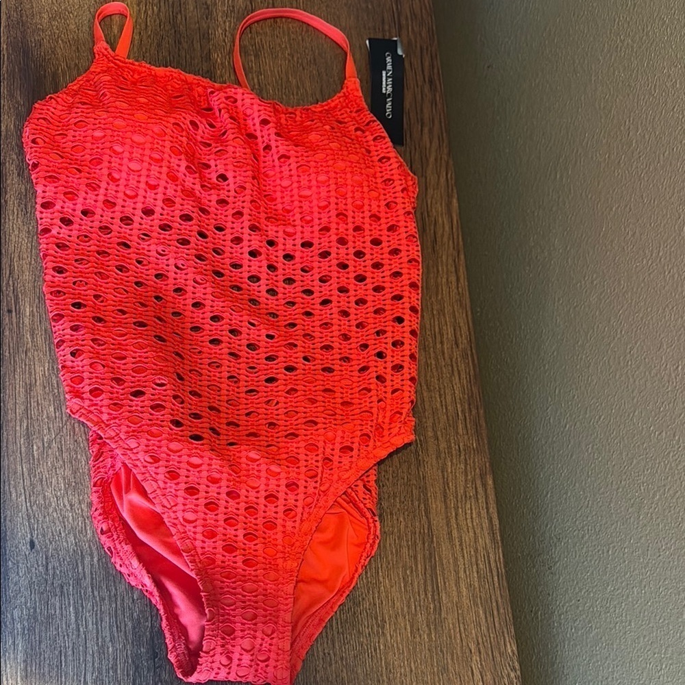 Carmen Marc Valvo Orange One Piece Swimsuit with Mesh Detail - Picture 3 of 7